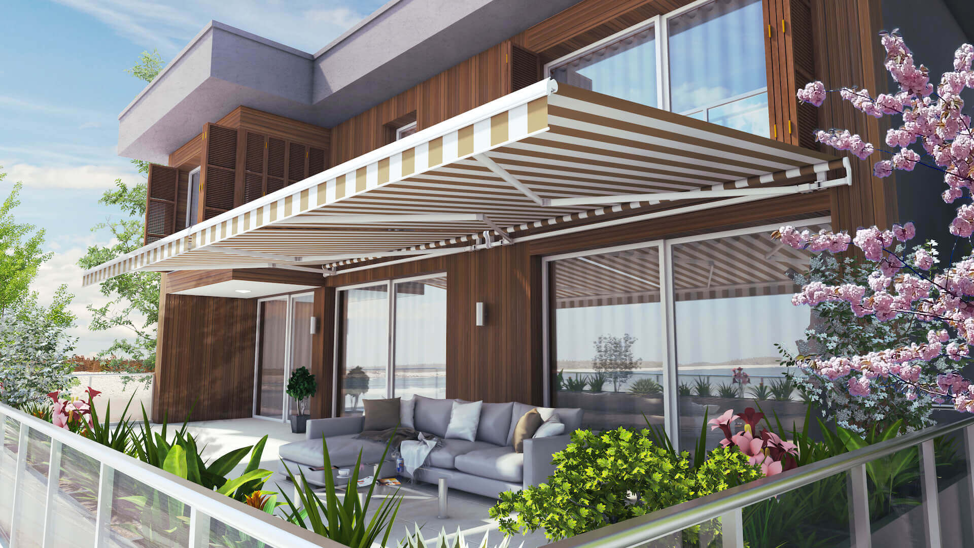 The <em>articulated</em> arm <em>awning</em>  is an ideal shade provider for narrow balconies or patios that can be individually extended.